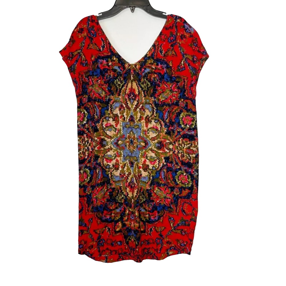 Anthropologie Maeve Shift Shirt Tunic‎ Dress S Red Short Sleeve Medallion Boho